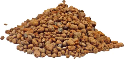 A pile of small, reddish-brown, porous pebbles.