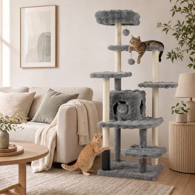 Productafbeelding van COSTWAY Kraboom, 170 cm hoog, met kattenhol, ligvlak, plateaus, krabpalen van sisal, een kattenborstel en 2 pluchen ballen. Kattenboom