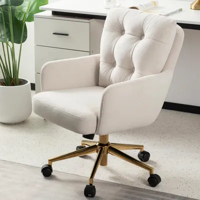 Image de Chaise de bureau velours - Pivotante 360° - Beige - Hauteur réglable 46 à 54 cm - Chaise pivotante de bureau pour adulte