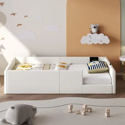 Produktbild von okwish Kinderbett 90X200 Bettgestell ohne Matratze,Einzelbett mit 3 Ladeanschlüssen,Plattformbett mit Schutzgeländer und Schutzgeländer,Weiß