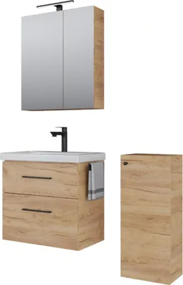 Produktbild von Planetmöbel Badmöbel-Set Waschtisch mit Unterschrank 63 cm, Spiegelschrank 60 cm mit LED-Leuchte (schwarz matt) & Steckdose, inkl. Midischrank Gold Eiche