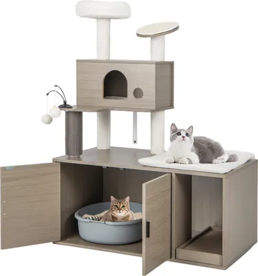 A multi-level cat tree with integrated litter box and hideaway, featuring two cats.