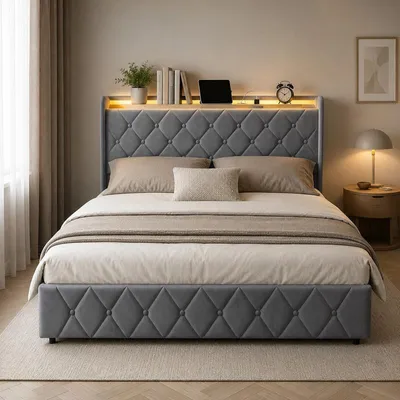 Immagine prodotto di Letto imbottito ProximaX 140x200 cm in velluto con vano portaoggetti idraulico, LED RGB e stazione di ricarica USB-C, grigio scuro
