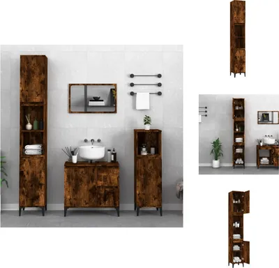 A bathroom vanity set with storage cabinets and a sink, shown in multiple views and contexts.