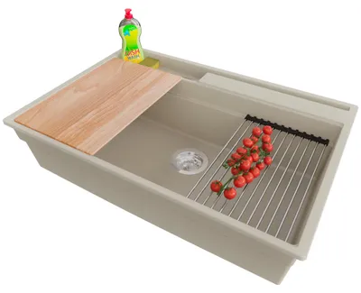 Produktbild von PRIMAGRAN Spülbecken Beige 78x53cm, Granitspüle 1 Becken + Ablauf-Set + Küchenzubehörset, Küchenspüle ab 80er Unterschrank - Oslo Pocket