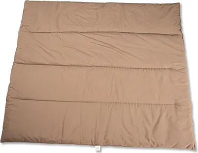 A tan colored quilted mat or mattress pad is shown lying flat on a white background.