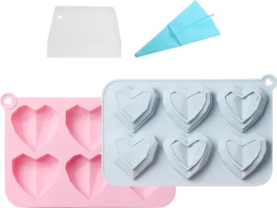 Image de 2 Moules 3D Diamant-Cœur en silicone Pour Chocolat, 6 cavités, Facile à démouler, Moules en forme de cœur, Plateau Pour Gâteaux Mousses