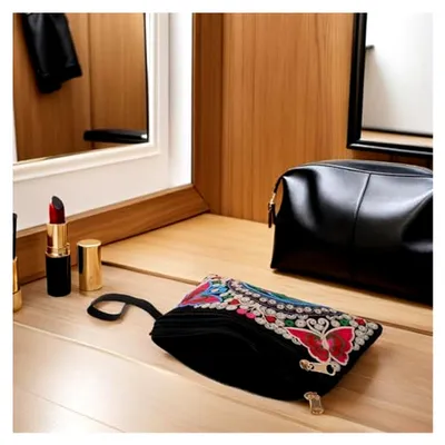 Produktbild von Boho-geldbörse mit Schmetterlingsstickerei Bestickte Clutch für Damen Reißverschluss Abendtasche mit Blumenmuster Kompener Handtasche für Münzen und Karten