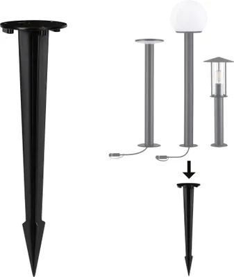 A black ground spike for a garden lamp is shown on the left, and on the right, a diagram shows how it attaches to a garden lamp.