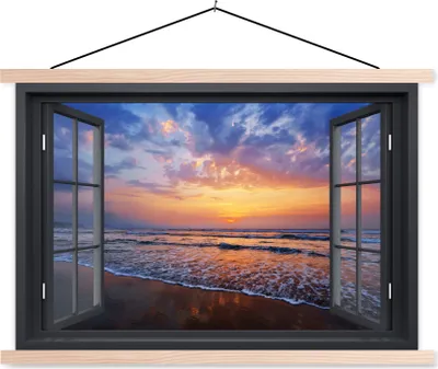 Produktbild von MuchoWow® Textilposter Aussicht - Meer - Strand 120x80 cm mit holzfarbenen Rahmen - Aufhängeset