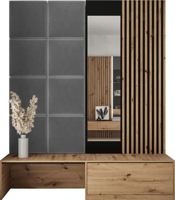 Produktbild von MIRJAN24 Garderoben-Set Premium, Garderobe mit 8x Wandpanel 42x42, Schuhschrank + Spiegel + Lamellen Paneel mit Kleiderhaken (Farbe: Artisan Eiche, Manila 16)