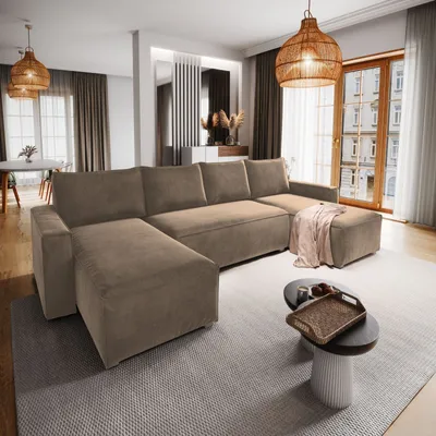 Produktbild von Masseno Ecksofa DENI mit Schlaffunktion U-Form, Sofa mit Bettkasten, Wohnzimmersofa, Couch, Soffa, Bettsofa, Couchgarnitur- Beige, MONOLITH 09