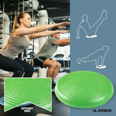 Productafbeelding van Balansbord met zitkussen en luchtpomp, diameter 33 cm, paars/groen, geschikt voor yoga en fitness
