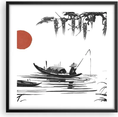 Produktbild von Gerahmtes Poster - Schwarzer Rahmen - China Angler Zeichnen - 50x50 cm - Wand Bild - Wanddeko - Wandbilder - Kunstposter - Wandposter - Bilderrahmen - Bilder - Kunstdruck - Wandbild - P2BAC50x50-4340