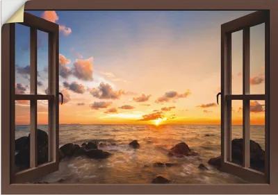 Produktbild von ARTland Wandbild, selbstklebend Fensterblick Sonnenuntergang am Meer Größe: 70x50 cm