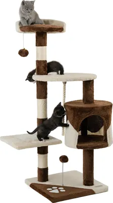 Produktbild von lionto Kratzbaum für Katzen 112 cm hoch, mit Höhle, Sisalseil, Plüschbällen & Wandhalterung, kompakter Kletterbaum, braun/beige