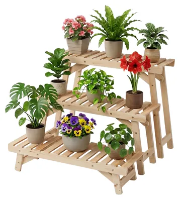 Obrázok produktu pre Relaxdays, stojan na kvety, 3-dielna sada, výška: 19,5 / 33 / 49 cm, borovicové drevo, pre vnútorné aj vonkajšie použitie, stojan na rastliny, prírodný vzhľad