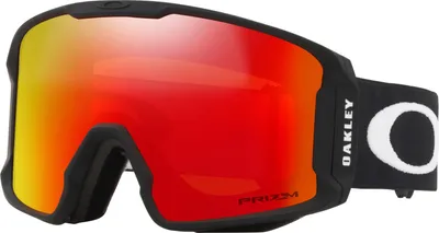 A pair of Oakley ski goggles with a red and yellow mirrored lens and a black frame.