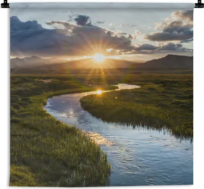 Produktbild von MuchoWow® Wandteppich Wandbehang Sonnenuntergang über einem ruhigen Fluss 120x120 cm Tapisserie Dekoration Wandtuch - Modern - Baumwollgewebe