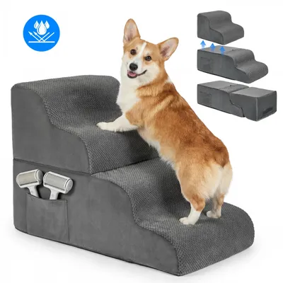 Produktbild von Haustier Treppe Rampe - 3-stufige Hunde- und Katzenrampe - Für kleine Hunde und Katzen - Für Sofa und Bett - Abnehmbarer waschbarer Bezug - Gelenkschonend mit Seitentasche - Dunkelgrau