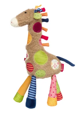 A stuffed toy giraffe with colorful patches and legs.