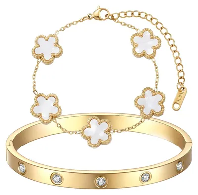 Productafbeelding van Gouden armbanden - Set van 2 - 18K verguld - Klaverbladmotief