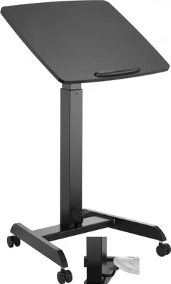 A black height-adjustable laptop stand with wheels is shown against a white background.