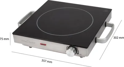 A single induction cooktop on a white background with dimensions indicated.