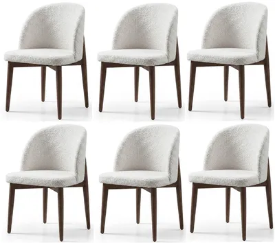 Productafbeelding van Elegant set van zes witte stoelen, met stoffen bekleding en houten frame, ideaal voor de eetkamer