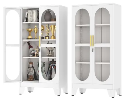 Image de Armoire vitrine de 155 cm de hauteur, blanche, avec porte en verre, verrouillable, et 3 étagères réglables