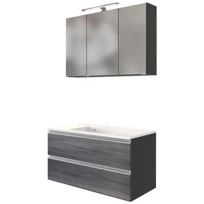 Produktbild von Waschtisch-Set 100cm in Eiche rauchsilber APIA-03 mit LED-Spiegelschrank, B/H/T ca. 100/200/48 cm