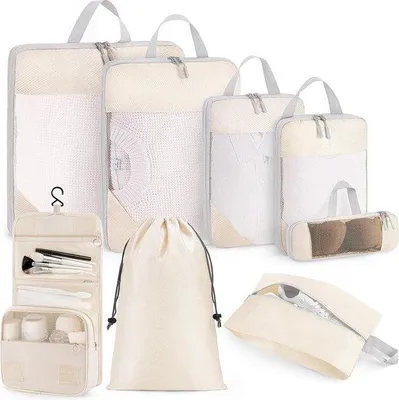 Produktbild von Famanu Kompressionsverpackungswürfel - 8-teiliges Set - Aufbewahrungstasche für Kleidung - Beige