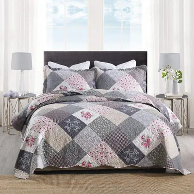 Produktbild von Famanu Bettüberwurf Patchwork 220 x 240 cm - Grau mit Kissenbezügen