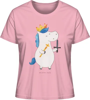 Produktbild von Mr. & Mrs. Panda Basic T-Shirt Damen Einhorn König mit Schwert Größe XL - Baumwolle Pink - Geschenk, Unicorn, Ritter, Mittelalter, Shirt, Baumwoll, Kurzarmshirt, Einhörner