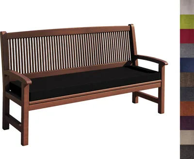 A wooden bench with a black cushion, shown against a white background.