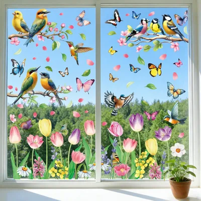 Fensteraufkleber Frühling, 9 Blätter, 80 Motive, Aquarell, Blumen & Vögel