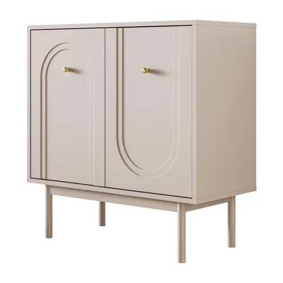 A beige cabinet with gold knobs on a white background.