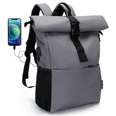 Produktbild von Freizeitrucksack Arbeitsrucksack Groß Damen lässiger Rolltop Rucksack Herren Backpack mit Laptopfach bis 15,6 zoll und externen USB-Anschluss (Grau)