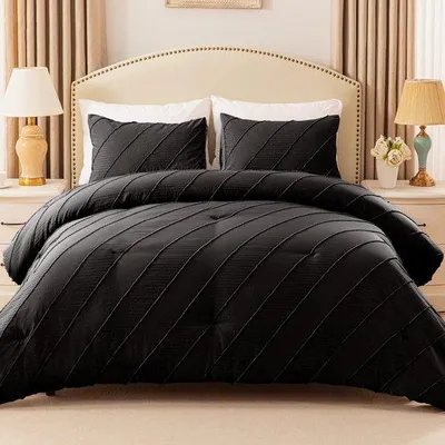 Image de Couverture Unyqoos® toute saison, 200 x 200 cm, respirante et super douce, garnissage en fibres synthétiques légères, inclut 2 taies d'oreiller, rayures noires