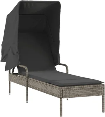 Produktbild von Graue Sonnenliege mit Dach aus Poly-Rattan für die Terrasse, 4-fach verstellbare Rückenlehne, Liegestuhl mit Kissen, 200 x 62 cm