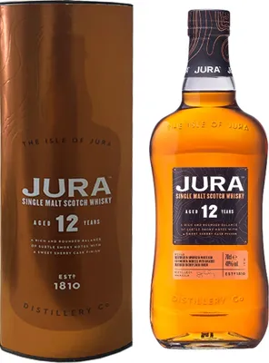A bottle of Jura 12 Year Old Single Malt Scotch Whisky and its accompanying gift tube are displayed side-by-side against a white background.