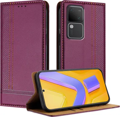 A purple flip case for a smartphone is shown, with the phone inside displaying a colorful wallpaper.