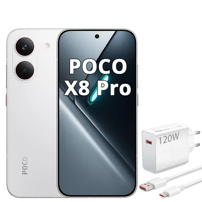 Immagine prodotto di Xiaomi POCO X8 Pro 5G, smartphone bianco, 12GB di RAM, 512GB di memoria, batteria da 6500mAh, display AMOLED a 120Hz, NFC, incluso caricabatterie da 120W