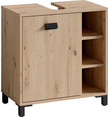 Produktbild von byLIVING Waschbeckenunterschrank Wellness, Breite 60 cm, mit 3 offenen Regalfächern, in Eichen-Optik, Griff schwarz, mit Syphonausschnitt