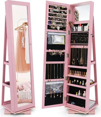 Produktbild von Drehbarer Schmuckschrank mit Ganzkörperspiegel, Rosa