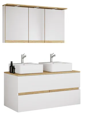 Immagine prodotto di Mobile bagno doppio Cosila a 4 pezzi con 2 lavabi in Vetroceramica – mobiletto da bagno H. 51 x L. 111 x P. 51 cm con 2 cassetti a chiusura ammortizzata, mobiletto con specchio, illuminazione e presa, set bagno Cosila-A