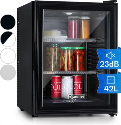 A black mini-refrigerator with a glass door, filled with jars and cans, displayed on a white background.
