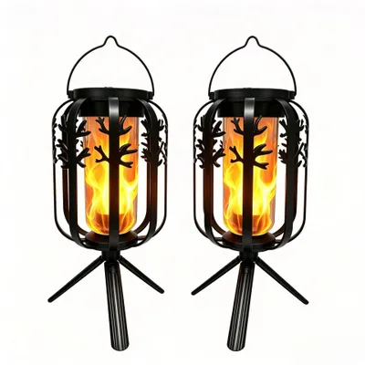 Produktbild von Solar Laterne Flammen Effekt 2 Stück, LED Gartenlampe warmweiß, dekorative Hängelampe für Garten, Terrasse & Balkon