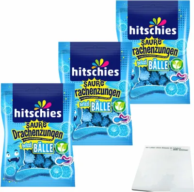 Produktbild von hitschies Saure Drachenzungen brizzl Bälle blau 3er Pack (3x100g Beutel) + usy Block