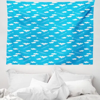 Produktbild von ABAKUHAUS Flugzeug Wandteppich, Blauer Himmel-Wolken Flugzeuge aus Weiches Mikrofaser Stoff Waschbar ohne Verblassen Digitaldruck, 150 x 110 cm, Azur blau Weiß